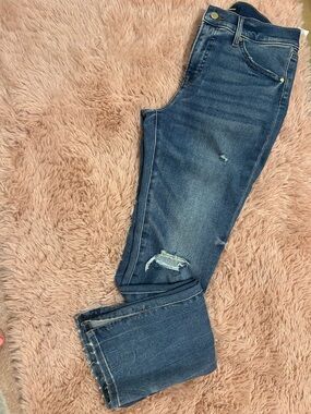 Express Women's Distressed Straight-Leg Jeans in Medium Blue